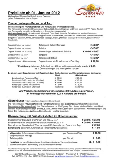 Preisliste ab 01. Januar 2012 - Hotel Sonnentau