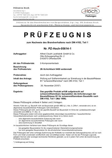 P R Ü F Z E U G N I S - Clouth Alfred Lackfabrik GmbH & Co.