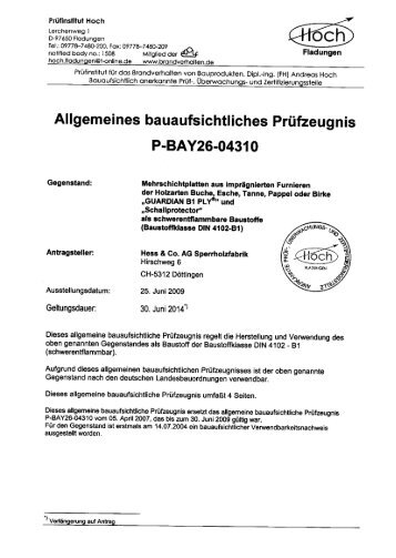 General Appraisal Certificate DIN 4102-B1 - Hess & Co. AG