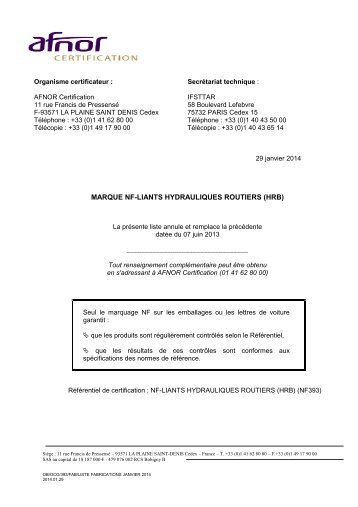 MARQUE NF-LIANTS HYDRAULIQUES ROUTIERS (HRB)