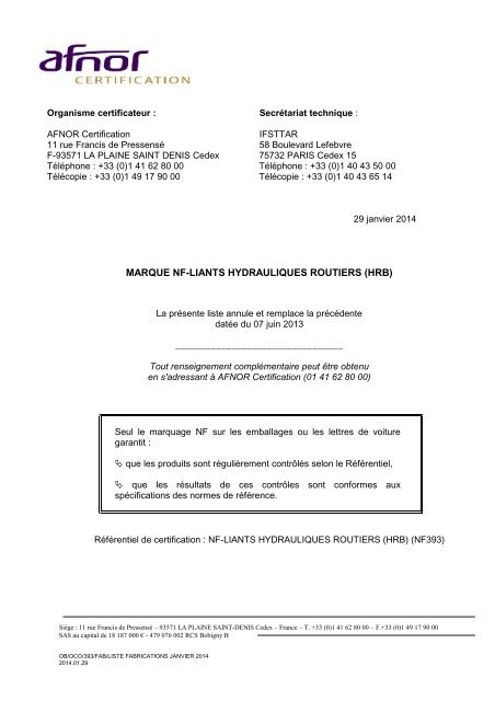 MARQUE NF-LIANTS HYDRAULIQUES ROUTIERS (HRB)