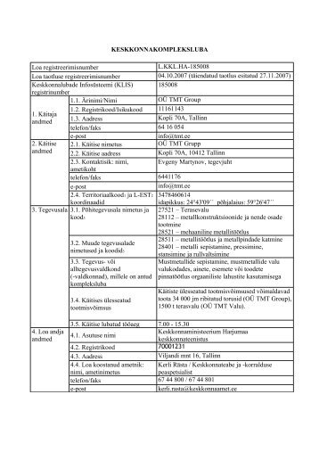 KESKKONNAKOMPLEKSLUBA Loa registreerimisnumber L.KKL ...