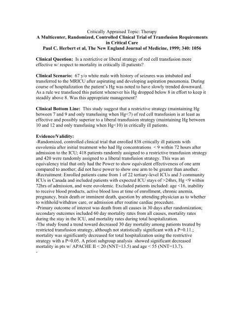 Critically Appraised Topic: Therapy A Multicenter, Randomized ...