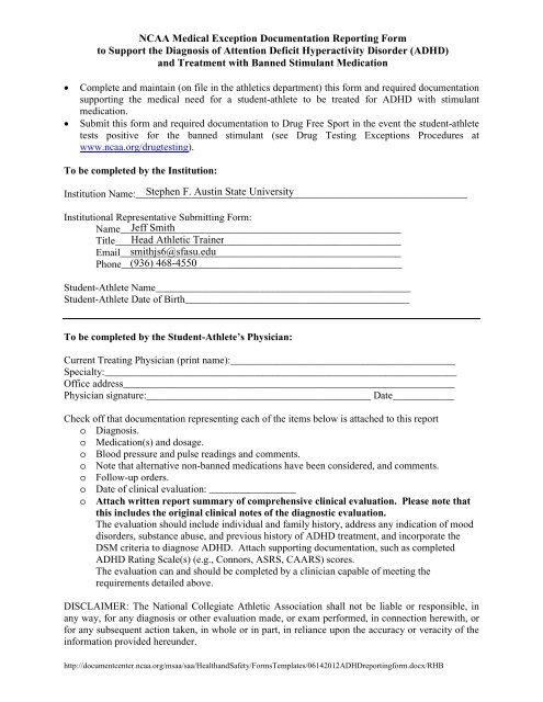NCAA Medical Exception Documentation Reporting Form to Support ...