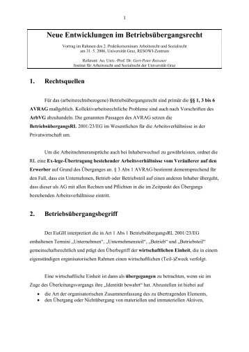 Neue Entwicklungen im Betriebsübergangsrecht - praktikerseminar ...