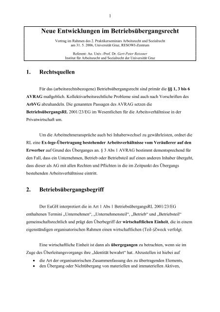 Neue Entwicklungen im Betriebsübergangsrecht - praktikerseminar ...