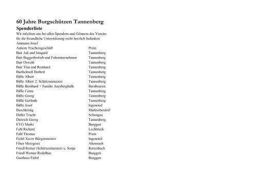 60 Jahre Burgschützen Tannenberg Spenderliste - Burggen