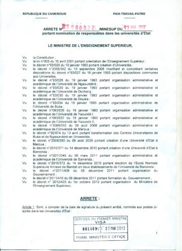 Arrêté du Ministre de l'Enseignement Supérieur - Université de ...