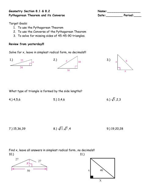 Geometry Section 8.1 & 8.2 Name: Pythagorean Theorem and its ...