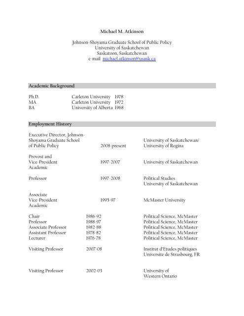 Download Michael Atkinson's abridged CV. - Johnson-Shoyama ...