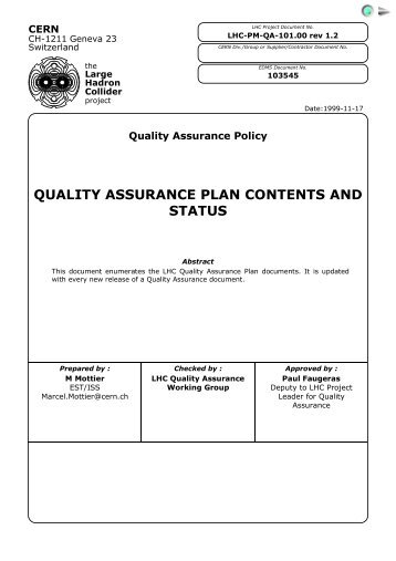 QUALITY ASSURANCE PLAN CONTENTS AND STATUS - CERN