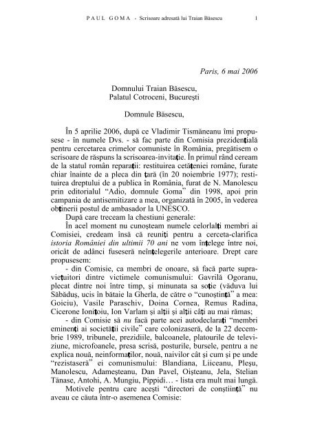 Paul GOMA - Scrisoare adresată lui Traian Băsescu
