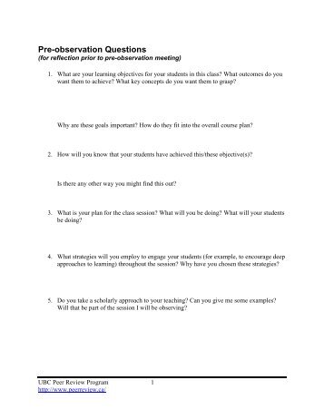 Pre-observation Questions (for reflection prior to pre-observation ...