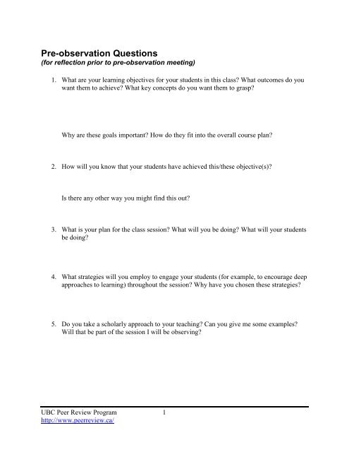 Pre-observation Questions (for reflection prior to pre-observation ...