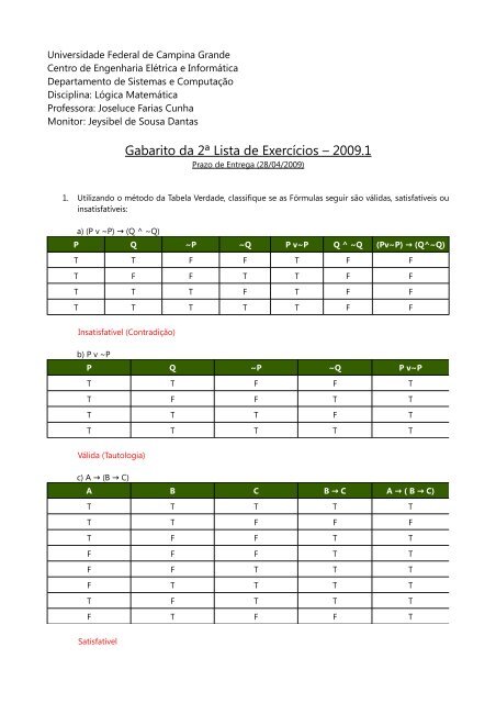 Gabarito da 2Ã‚Âª Lista de ExercÃƒÂ­cios Ã¢Â€Â“ 2009.1 - Departamento de ...