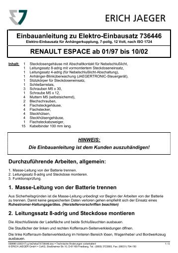 Einbauanleitung zu Elektro-Einbausatz 736446 RENAULT ESPACE ...