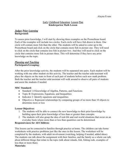 Alayna Evans Early Childhood Education Lesson Plan 
