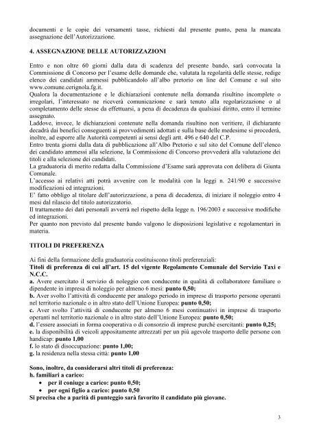 bando concorso NCC - CittÃ  di Cerignola