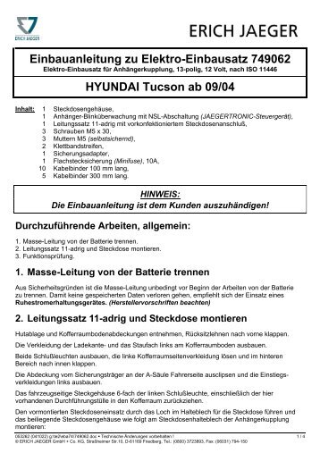 Einbauanleitung zu Elektro-Einbausatz 749062 HYUNDAI Tucson ...