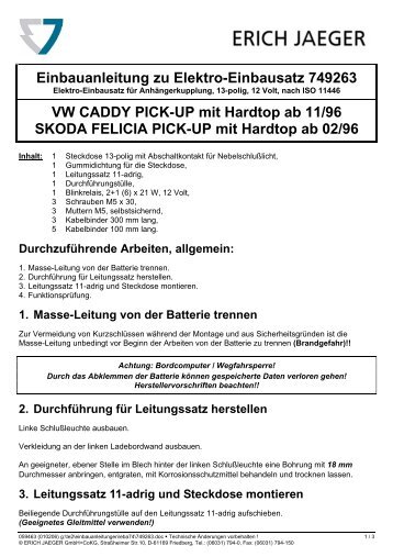 Einbauanleitung zu Elektro-Einbausatz 749263 VW CADDY PICK ...