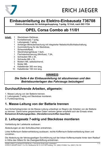 Einbauanleitung zu Elektro-Einbausatz 736708 OPEL Corsa Combo ...