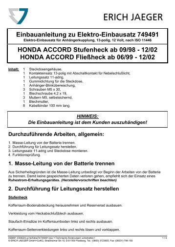 Einbauanleitung zu Elektro-Einbausatz 749491 HONDA ACCORD ...