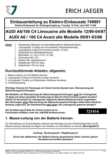 Einbauanleitung zu Elektro-Einbausatz 749891 AUDI A6/100 C4 ...