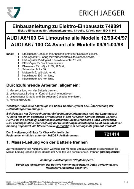 Einbauanleitung zu Elektro-Einbausatz 749891 AUDI A6/100 C4 ...