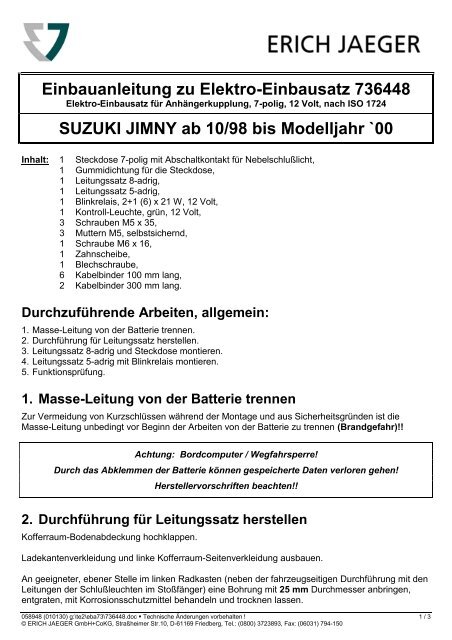 Einbauanleitung zu Elektro-Einbausatz 736448 SUZUKI JIMNY ab ...