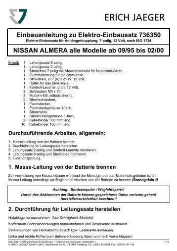 Einbauanleitung zu Elektro-Einbausatz 736350 NISSAN ALMERA ...