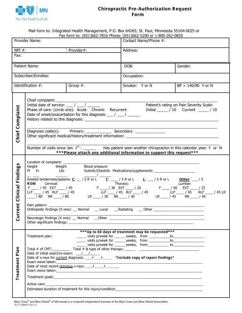 Chiropractic Pre- Authorization Request Form - Blue Cross and Blue ...