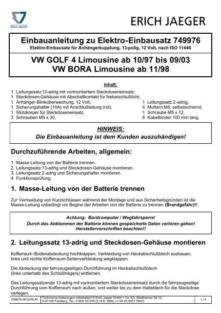 Einbauanleitung zu Elektro-Einbausatz 749976 VW GOLF 4 - MVG