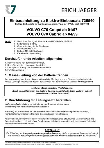 Einbauanleitung zu Elektro-Einbausatz 736540 VOLVO C70 Coupé ...