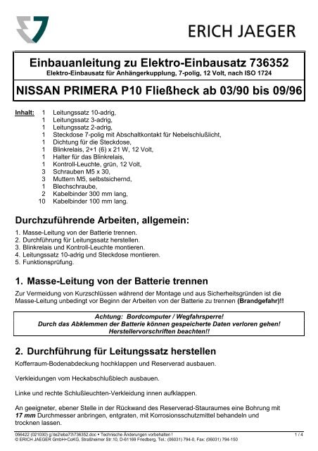 Einbauanleitung zu Elektro-Einbausatz 736352 NISSAN PRIMERA ...