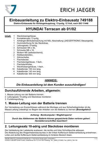 Einbauanleitung zu Elektro-Einbausatz 749188 HYUNDAI Terracan ...