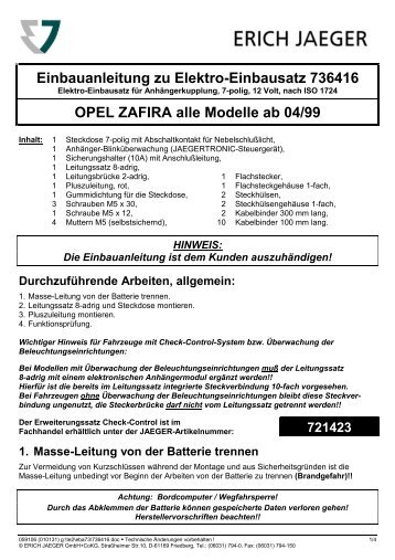 Einbauanleitung zu Elektro-Einbausatz 736416 OPEL ZAFIRA alle ...