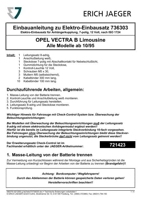 Einbauanleitung zu Elektro-Einbausatz 736303 OPEL VECTRA B ...