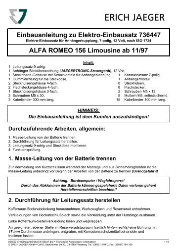 Einbauanleitung zu Elektro-Einbausatz 736447 ALFA ROMEO 156 ...