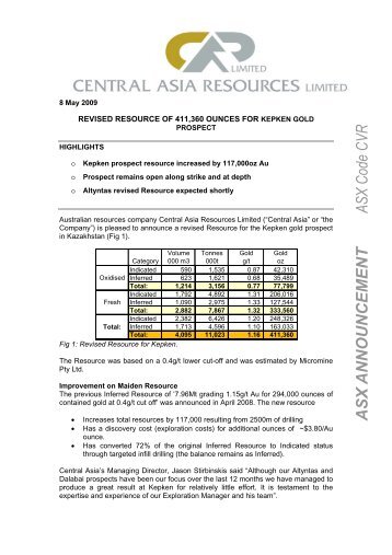 revised resource of 411360 ounces for kepken gold - Central Asia ...