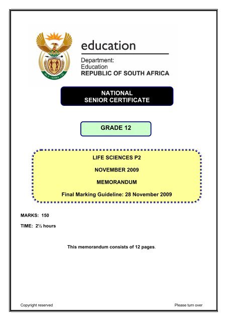 LIFE SCIENCES Paper 2 Memo (Eng) November 2009