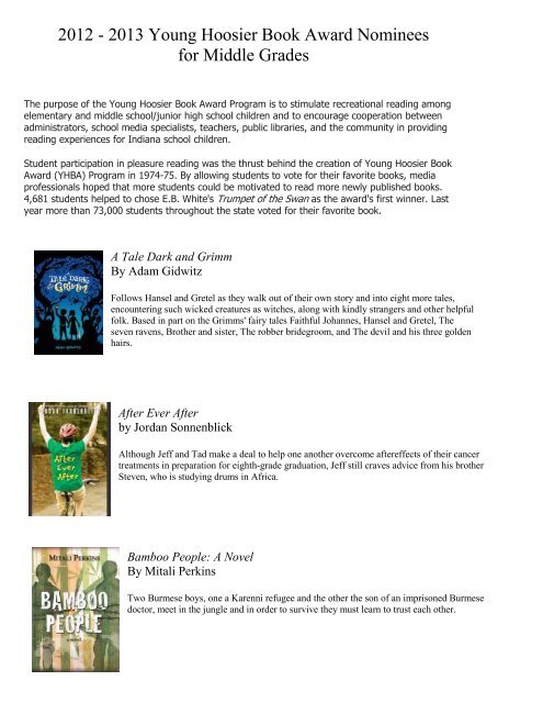 2012 - 2013 Young Hoosier Book Award Nominees for Middle Grades