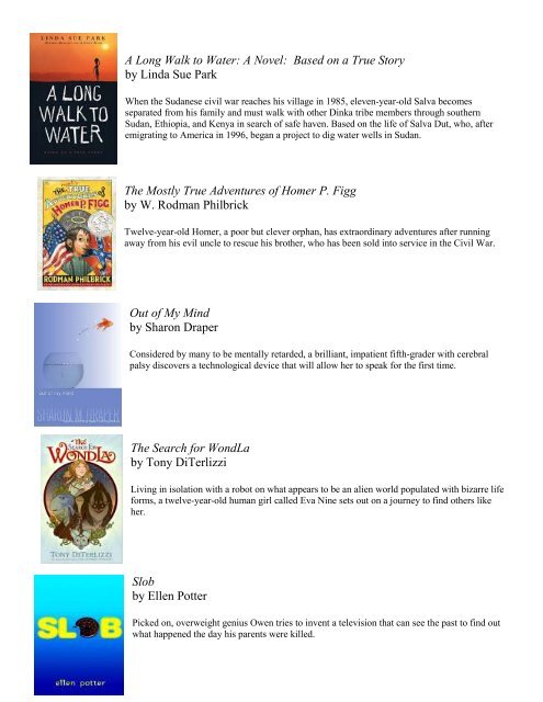 2012 - 2013 Young Hoosier Book Award Nominees for Middle Grades