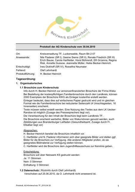 Protokoll der AG Kinderschutz vom 30.04.2010 - Landkreis Teltow ...