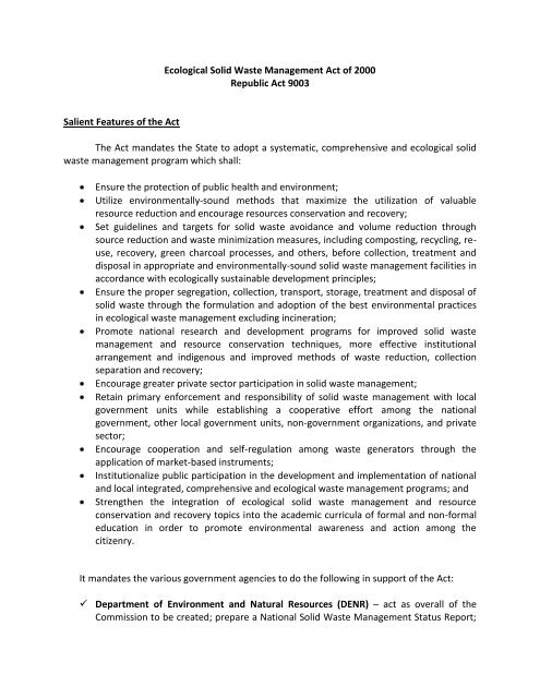 Ecological Solid Waste Management Act of 2000 Republic Act 9003 ...