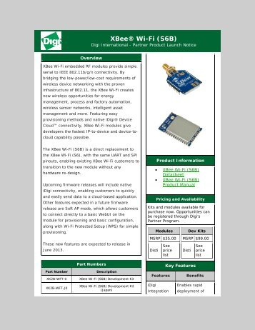 Digi Partner Product Notice - XBee Wi-Fi (S6B)