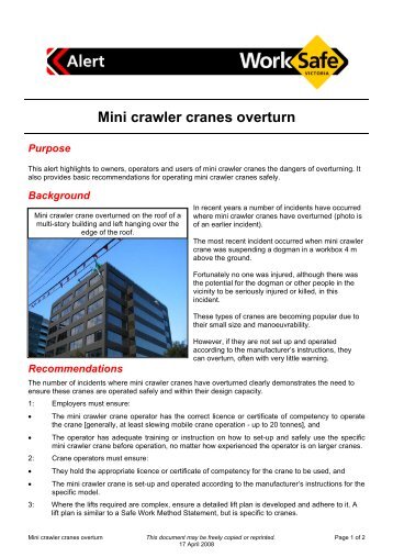 Mini crawler cranes overturn - WorkSafe Victoria