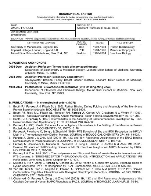 Biographical Sketch Format Page Labsmedmiamiedu