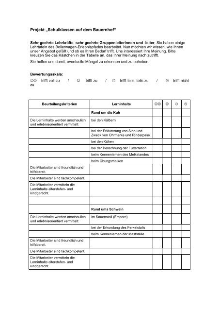 Beurteilung - Lernen durch Erleben - Projekt: Schulklassen auf dem ...