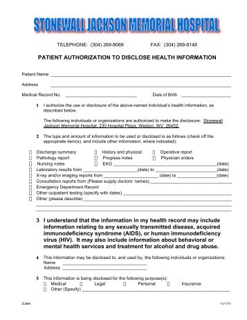 Request for Information Form - Stonewall Jackson Memorial Hospital