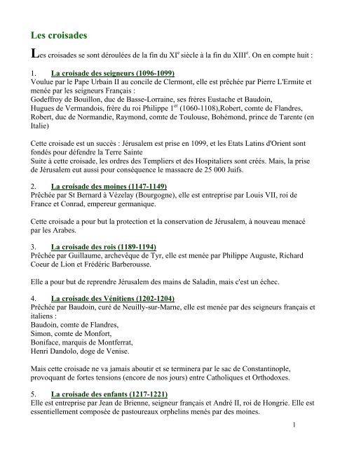 Les Croisades chronologie et questionnaire - French 4 Honors